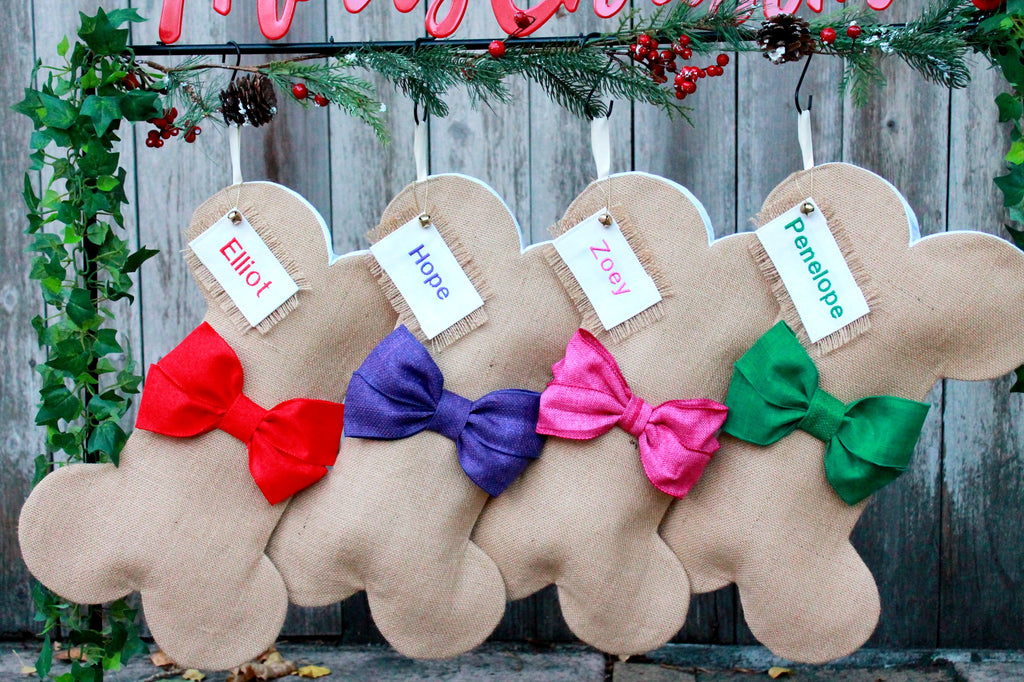 Burlap Dog Stockings With Bows - happy claude